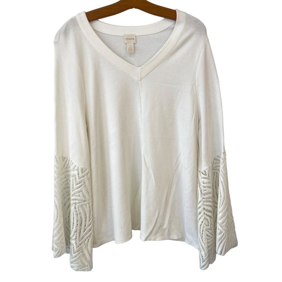 Chico's Ecru Lace Flare Bell Sleeve Blouse Womens 3 V-Neck White Rayon Blend - Picture 3 of 10